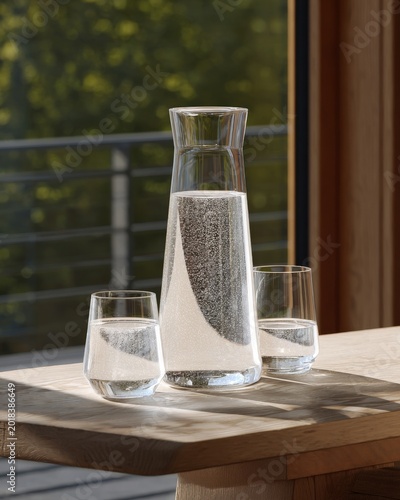 Modern glass water carafe and glasses with natural sunlight