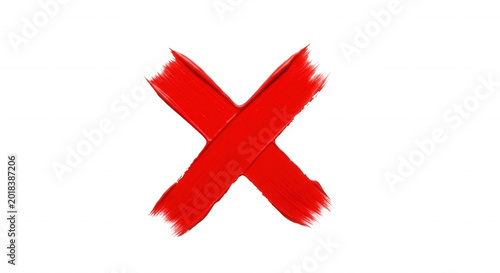 A bold, hand-painted red x mark with visible brushstroke textures, isolated against a solid black background, for contrast