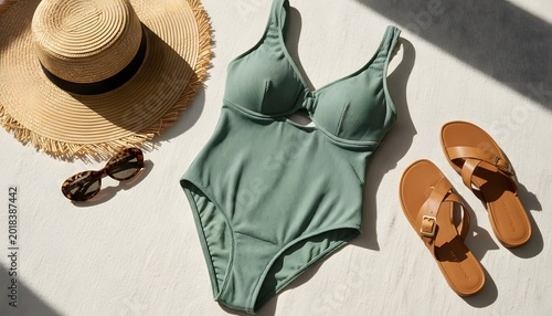 Shopping for swimwear and beach accessories displayed on a bright summer surface for a holiday vacation preparation concept featuring green swimsuit and sandals