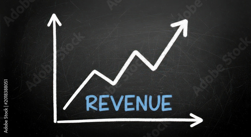 Graph illustrating increasing revenue trends with upward arrows on a chalkboard background, emphasizing financial growth and success