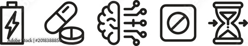 Black icons of battery, Pills, Brain, Stop, And hourglass on white