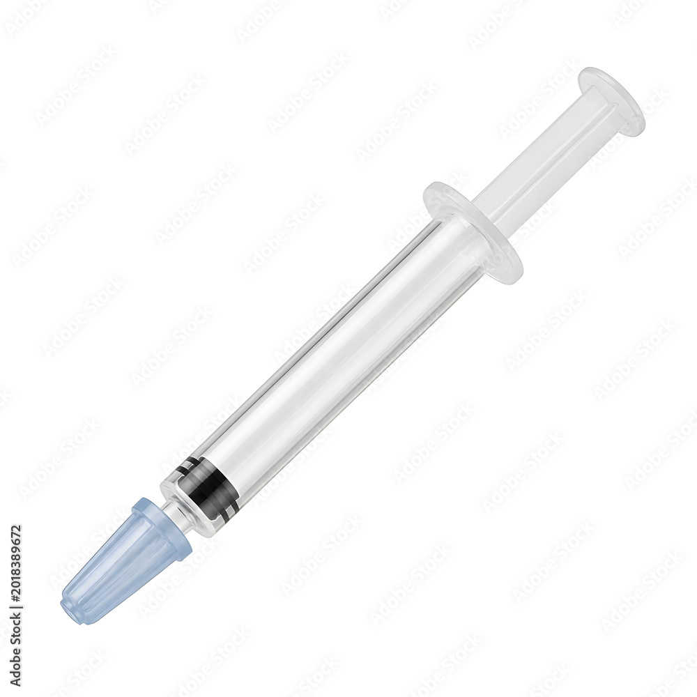 Fototapeta premium Clear plastic syringe with blue cap and black measurement markings, isolated on transparent background