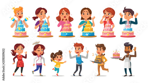 Quadro su tela Celebration Cake Fun: A diverse group of children and adults react with delight, surprise, and anticipation to beautifully decorated celebration cakes, capturing the joyous spirit of a party