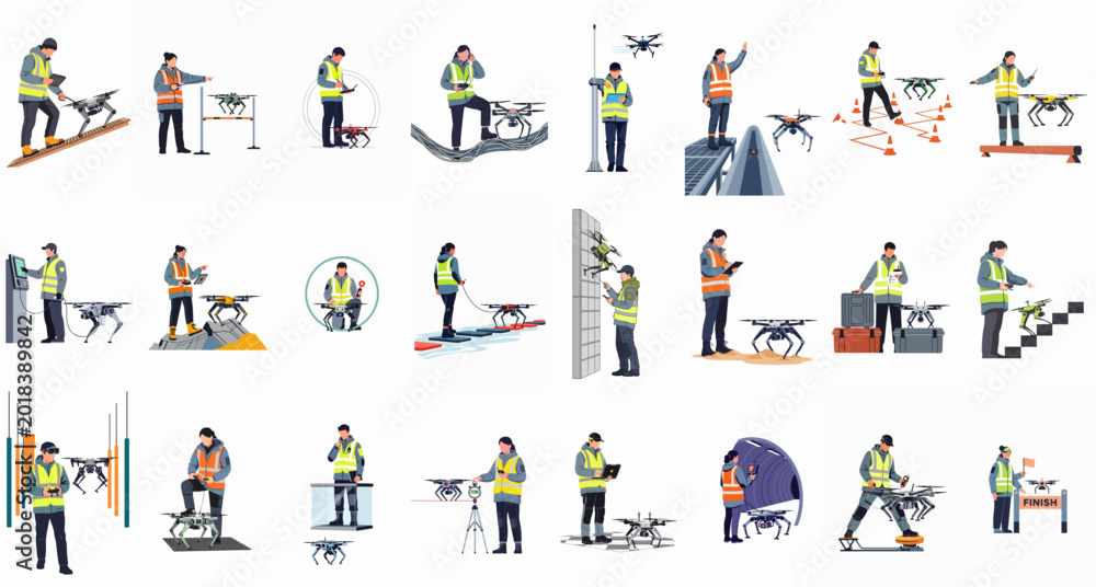 Fototapeta premium Set of illustrations showing professional drone operators and technicians controlling UAVs and quadruped robots for industrial inspection, surveying, and logistics tasks.