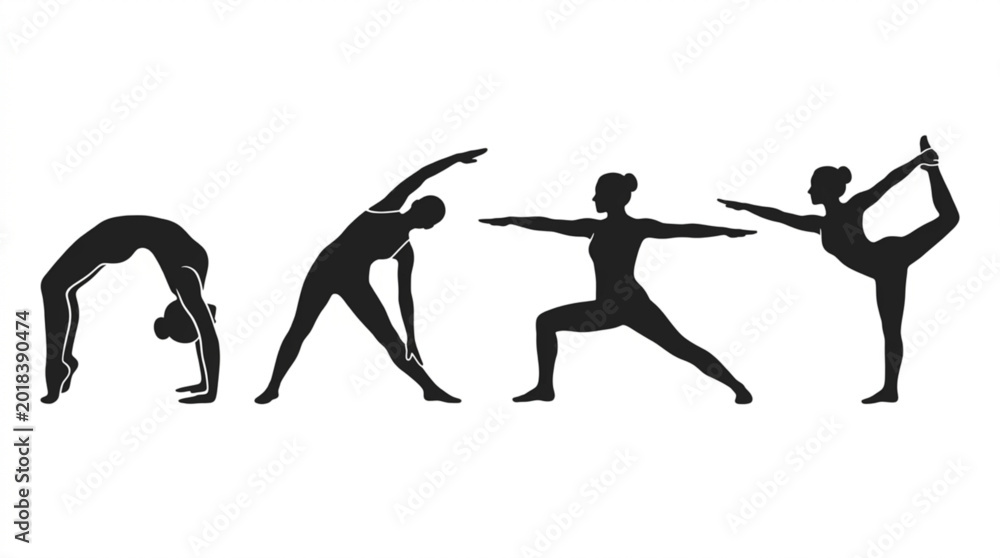 Fototapeta premium Silhouette of four people performing various yoga poses, demonstrating flexibility and balance
