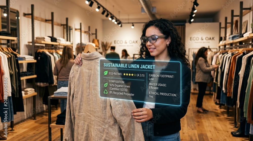 Fototapeta premium Woman in a sustainable fashion store checking product information on a digital screen, conscious retail and ethical shopping experience for eco-friendly lifestyle in modern city.