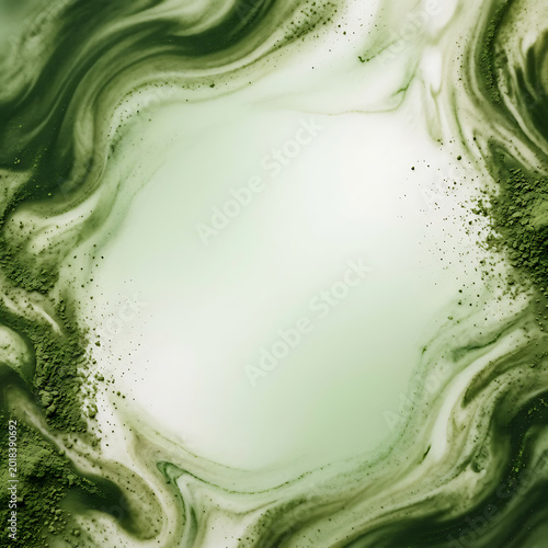 Matcha green abstract background, with swirling patterns, and powder