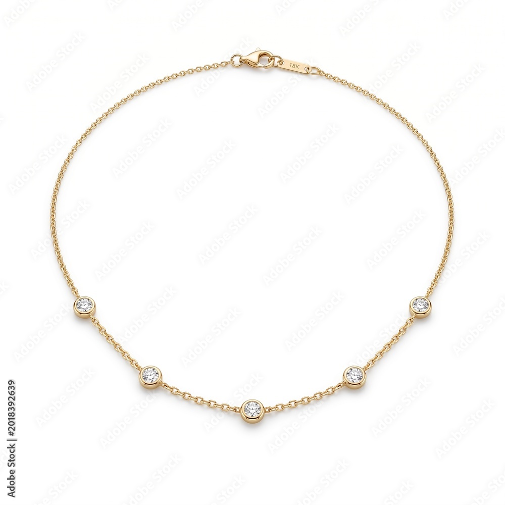 Fototapeta premium Necklace featuring five small circular diamonds set in a delicate gold chain provides a subtle and elegant look for daily wear.