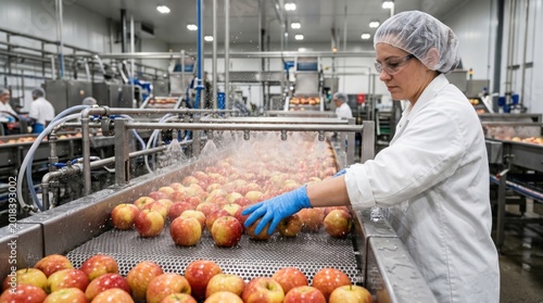 Close-up of apples moving under water spray while worker handles produce on clean sorting line inside modern processing facility.