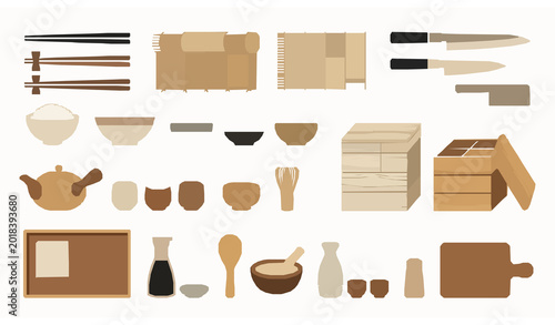 Japanese kitchen tools outline icon collection with traditional culinary utensil symbols