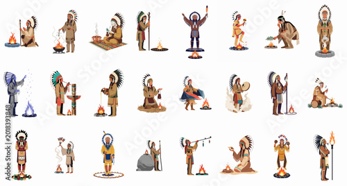 Foto Collection of Native American characters in traditional clothing performing various rituals and ceremonies involving fire, drums, and sacred smoke