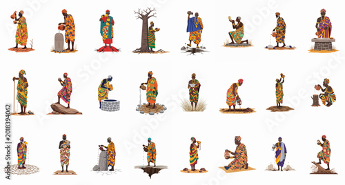 Konstfotografi Collection of African elders in traditional Kente cloth performing ceremonial libation rituals, isolated on white background