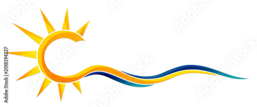 A symbol of dawn of the sun with a blue wave.