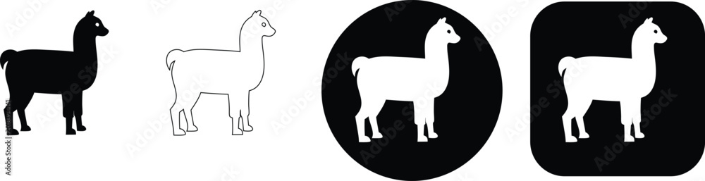 Fototapeta premium Llama set black white silhouette outline circle square graphicstitle: llama set black white silhouette
