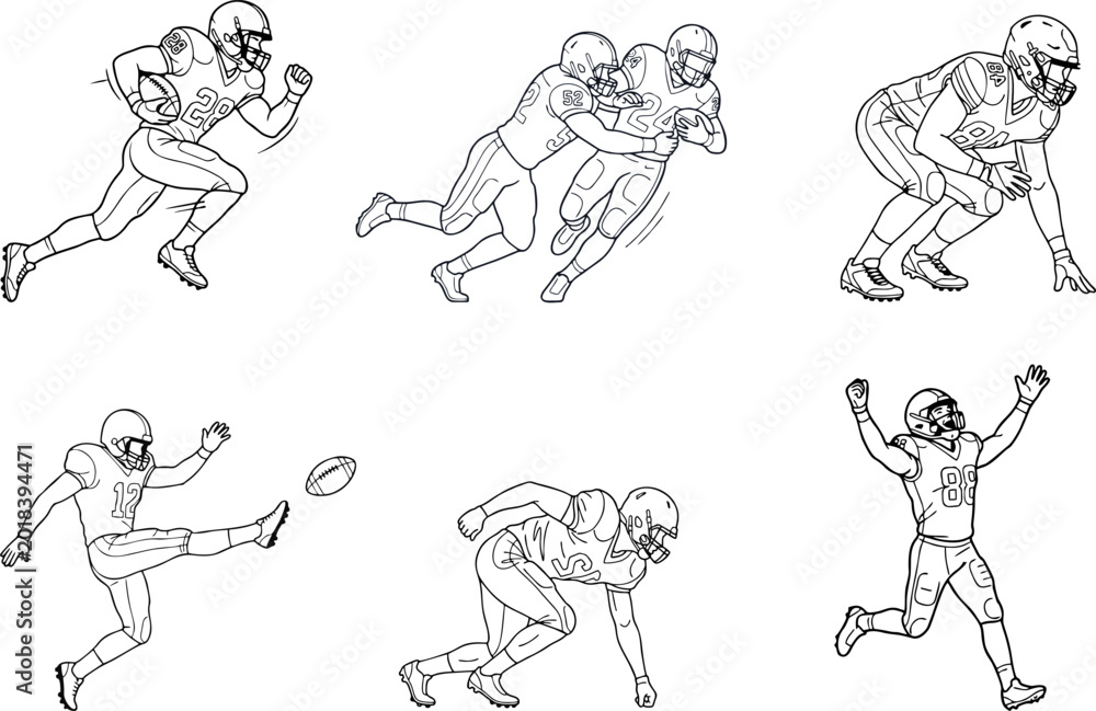 Fototapeta premium American Football Line Art Action Pose Icon Set, Minimal Sport Illustration on Transparent Background