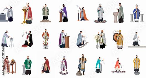 Foto Collection of Orthodox Christian priest and bishop illustrations in traditional liturgical vestments performing various religious ceremonies and sacred rituals on white background