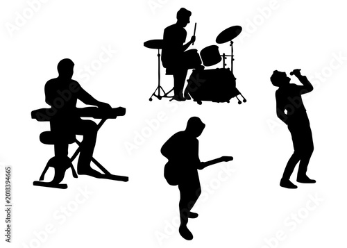 Canvas Print black silhouette of a music band set, guitarist, drummer playing drum kit, singe
