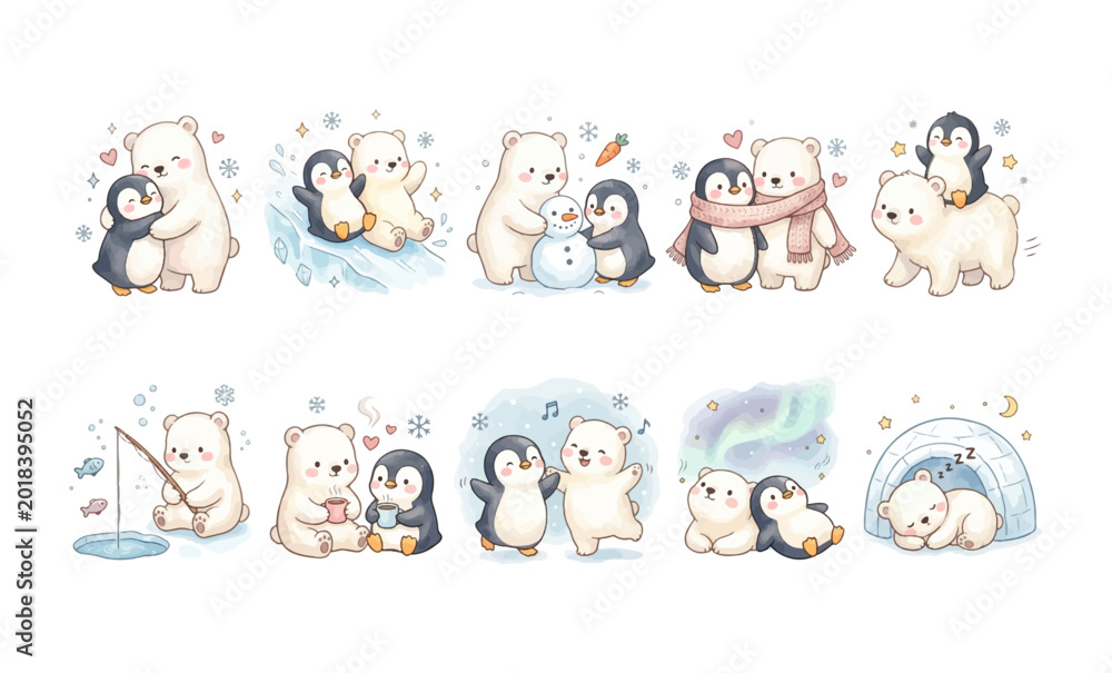 Fototapeta premium Watercolor Penguin and Polar Bear Buddy Nursery Clipart Set - 10 Arctic Friends Poses Hugging Ice Sliding Snowman Scarf Piggyback Fishing Cocoa Dancing Aurora Igloo Sleep Illustration