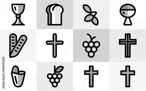 Foto Flat design vector icons of religious symbols including crosses chalice bread gr