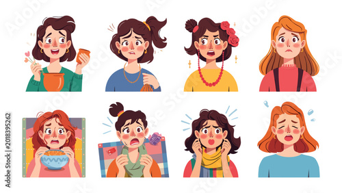 Obraz na płótnie Worried Women Collage: A collection of diverse female characters expressing various emotions of worry, anxiety, and distress, illustrated in a vibrant, cartoonish style