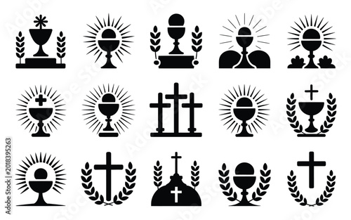 Bild auf Leinwand Silhouettes of religious symbols including chalices crosses and laurel wreaths i