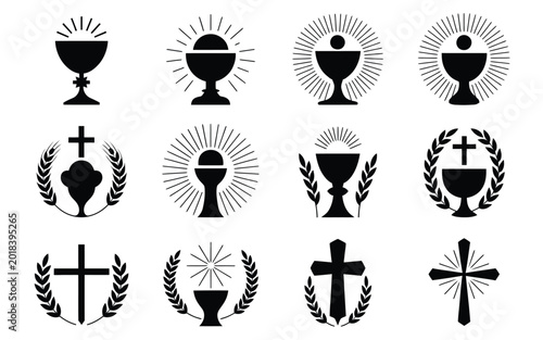 Photography Black and white silhouettes of chalices crosses and laurel wreaths in a decorati