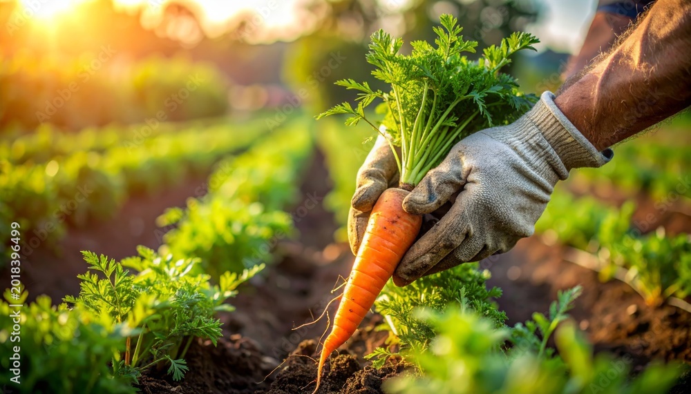Obraz premium Close-Up Gardener Hands Harvesting Carrots in Garden