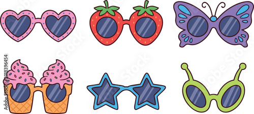 Photography Collection of fun novelty sunglasses in creative shapes including heart strawberry butterfly cupcake star and alien styles for party design