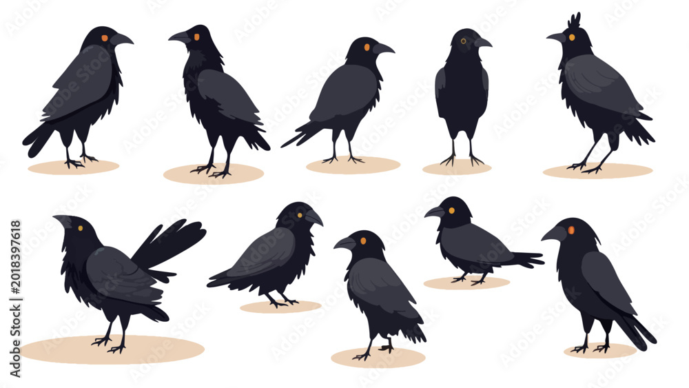 Fototapeta premium Black cute creepy crow character animation, cartoon flat style