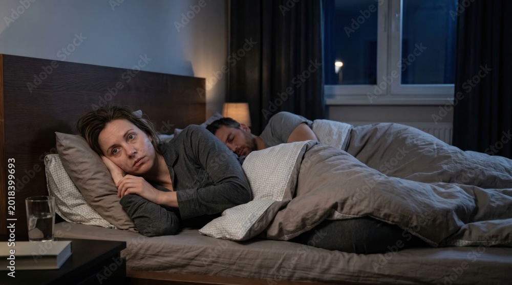 Fototapeta premium Night bedroom scene with restless adult unable to sleep beside sleeping partner, illustrating insomnia, fatigue and mental stress at home.
