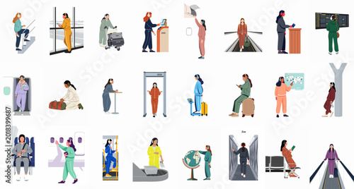 Bild auf Leinwand Flat illustration set of female traveler characters in various airport scenarios including check-in, security, boarding, and flying on an airplane