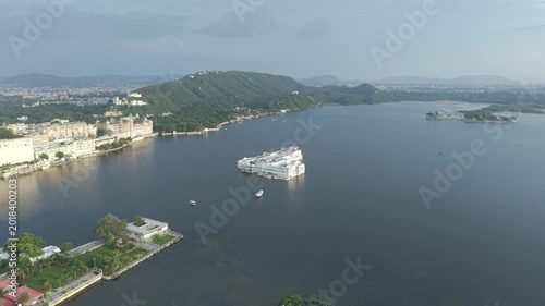 Aerial view of City Palace and Lake Pichola in Udaipur Rajasthan India