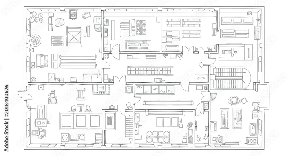 Obraz premium Comprehensive architectural blueprint displaying the detailed layout of a retail establishment with multiple shelving units display areas and interior divisions offering a clear visual