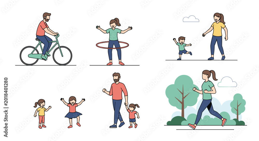 Fototapeta premium Collection of various people engaging in healthy active lifestyle activities like cycling, running, walking, and hula hooping in the park.