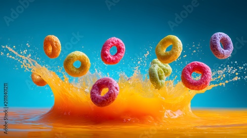 Vibrant Abstract of Cereal Rings and Tangy Juice Splashes in a Dynamic, Playful Composition