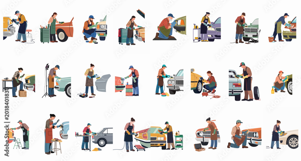 Fototapeta premium Comprehensive collection of flat vector illustrations featuring diverse mechanics and detailers performing various car maintenance, polishing, and detailing tasks in a professional workshop.