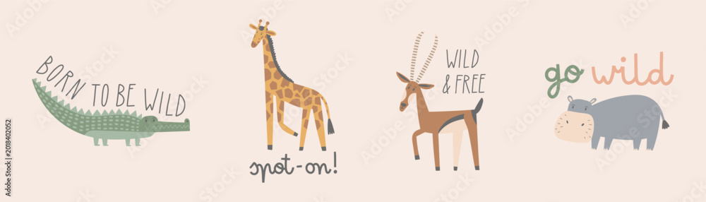 Naklejka premium African safari animals sticker set with lettering quotes. Cute flat hand drawn nursery characters. Antelope, crocodile, hippo and giraffe. Perfect for prints, wildlife projects, and kids designs.