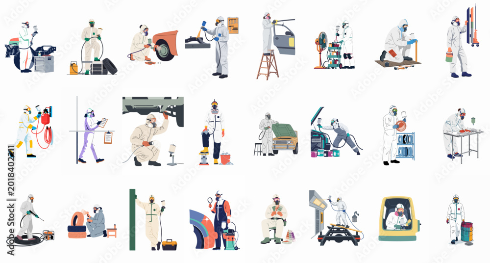 Fototapeta premium Vector illustrations of professional automotive technicians in protective suits performing various car painting, body repair, and maintenance tasks in a workshop environment.