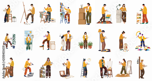 Bild auf Leinwand A diverse collection of creative people and artists engaged in various artistic activities including painting, drawing, sculpting, and gardening in a flat illustration style