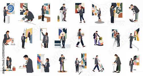 Obraz na plátně Professional museum and art gallery staff engaged in curating, restoring, photographing, and managing exhibits in a flat vector illustration style