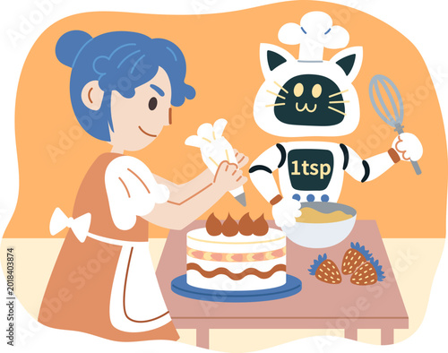 AI cat robot assisting woman with cake baking and decorating illustration.