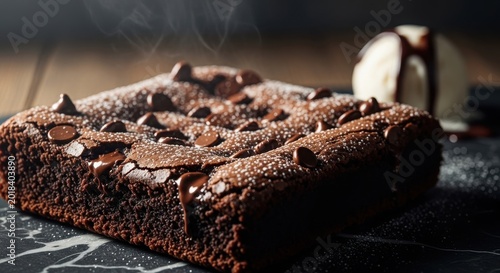Fresh chocolate brownie square with chips on dark surface
