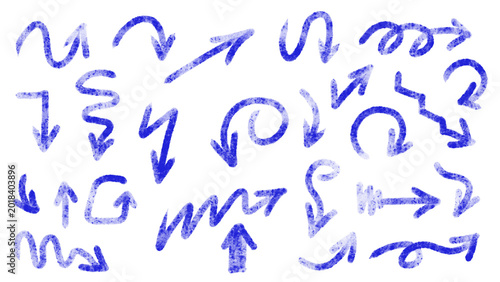 Hand-drawn blue arrow set, grunge style, various shapes and directions, transparent background, vector elements for graphic design and infographic use.