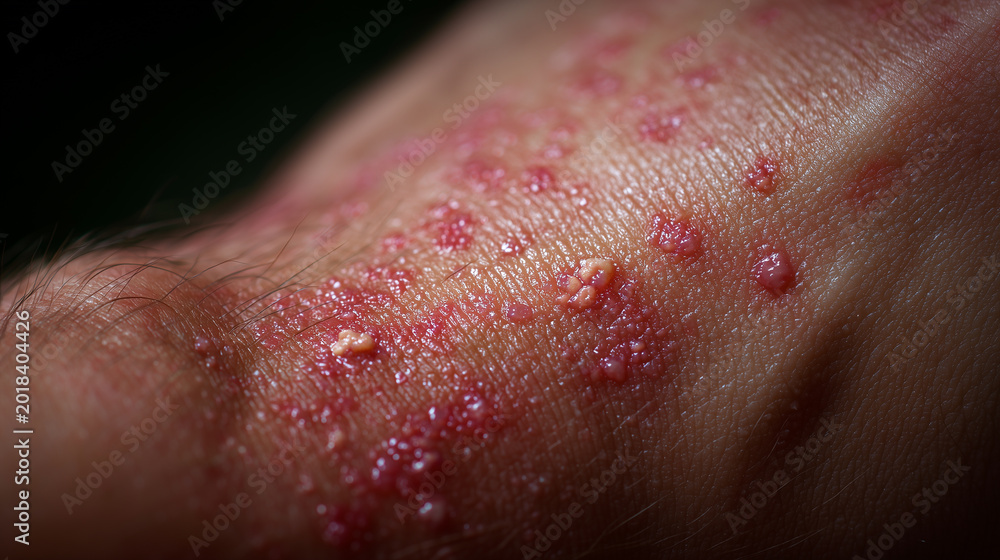 Fototapeta premium Close up of irritated skin rash with red blisters and allergic reaction symptoms