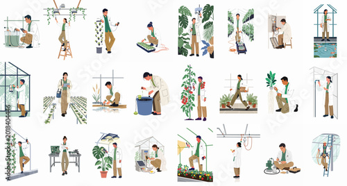 Фотография Flat illustration set of scientists and technicians working in modern greenhouses, vertical farms, and labs, focused on smart agriculture and hydroponics