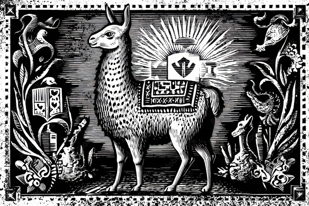 Obraz premium Inca-inspired Llama Wearing Ornate Saddle in Decorative Linocut Style Art