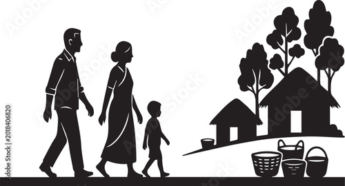 Village Family Returning Home Path Silhouettes
