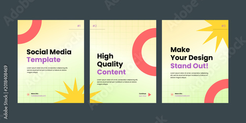 Set of three modern carousel slide templates for social media marketing, featuring a retro y2k aesthetic with grid backgrounds, pastel gradients, starbursts, and geometric shapes.