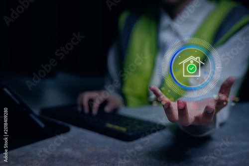 Foto Property protection verification, construction professional presenting secure ho