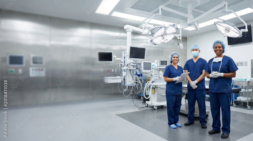 Fototapeta premium Professional diverse surgical team standing in a modern hospital operating room